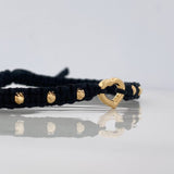 Pulsera Tejida Negra Corazón Bolas Diamantadas Oro Amarillo 18K