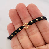 Pulsera Tejida Negra Corazón Bolas Diamantadas Oro Amarillo 18K