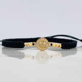 Pulsera Tejida Negra Corona Bolas Diamantadas Oro Amarillo 18K