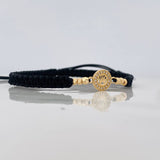 Pulsera Tejida Negra Corona Bolas Diamantadas Oro Amarillo 18K