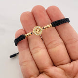 Pulsera Tejida Negra Corona Bolas Diamantadas Oro Amarillo 18K