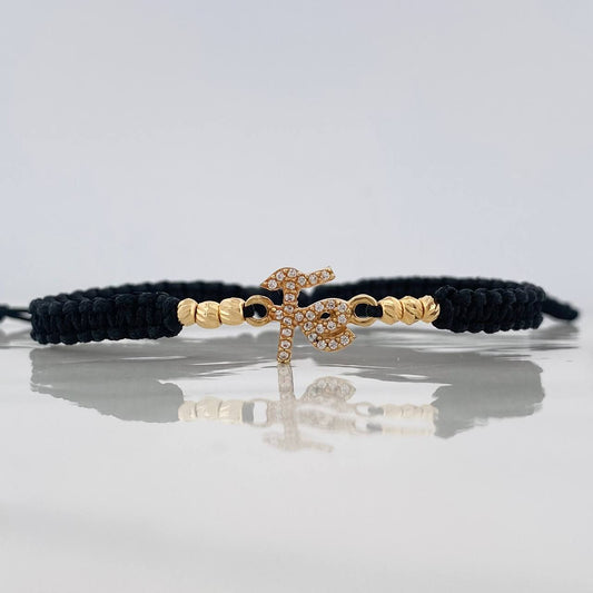 Pulsera Tejida Negra Fe Bolas Diamantadas Oro Amarillo 18K