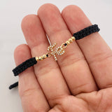 Pulsera Tejida Negra Fe Bolas Diamantadas Oro Amarillo 18K