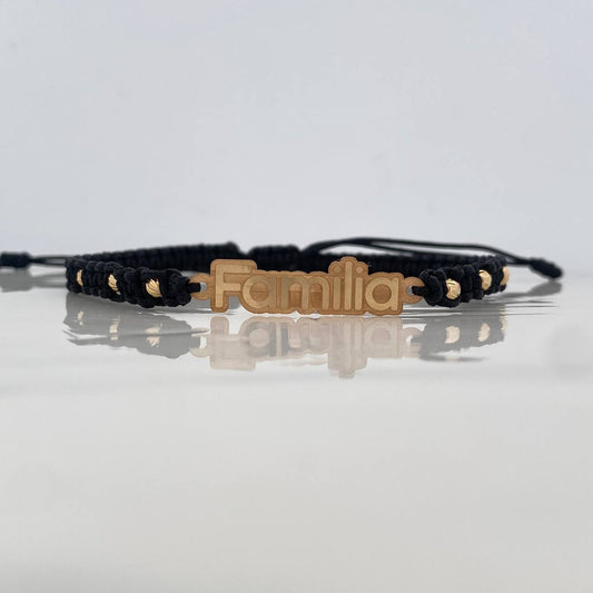 Pulsera Tejida Negra Familia Bolas Diamantadas Oro Amarillo 18K