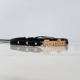 Pulsera Tejida Negra Familia Bolas Diamantadas Oro Amarillo 18K