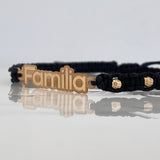Pulsera Tejida Negra Familia Bolas Diamantadas Oro Amarillo 18K