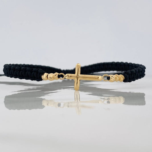 Pulsera Tejida Negra Cruz Oro Amarillo 18K