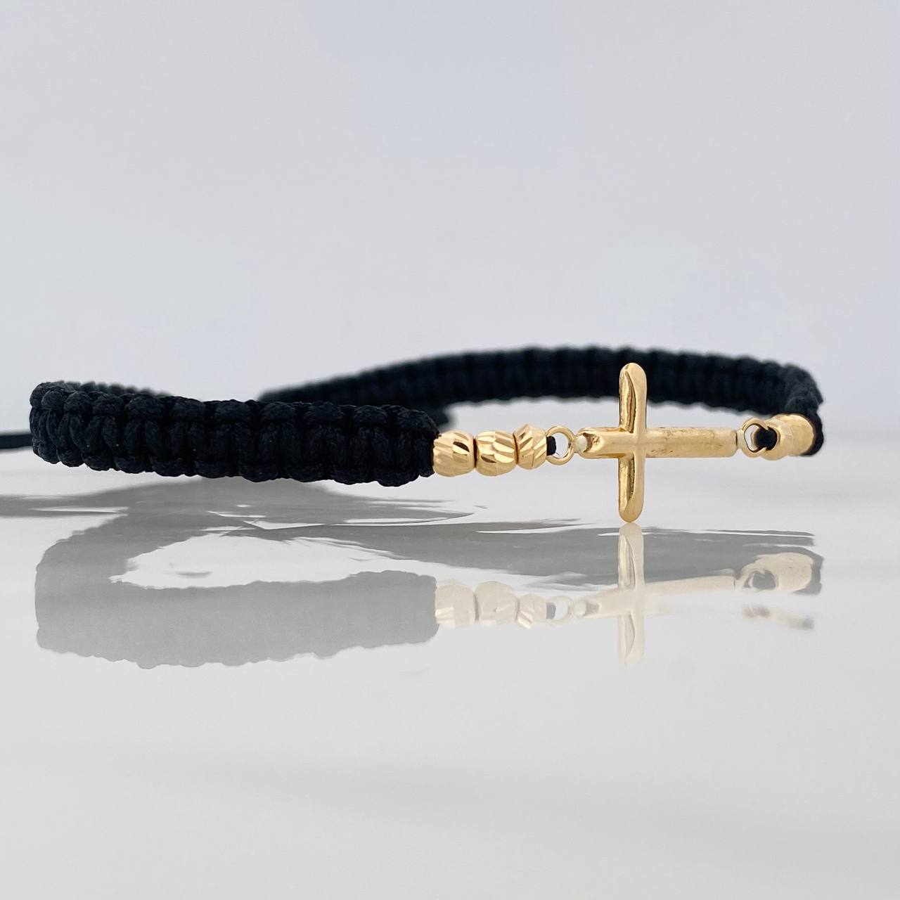Black Woven Bracelet Cross Yellow Gold 18K
