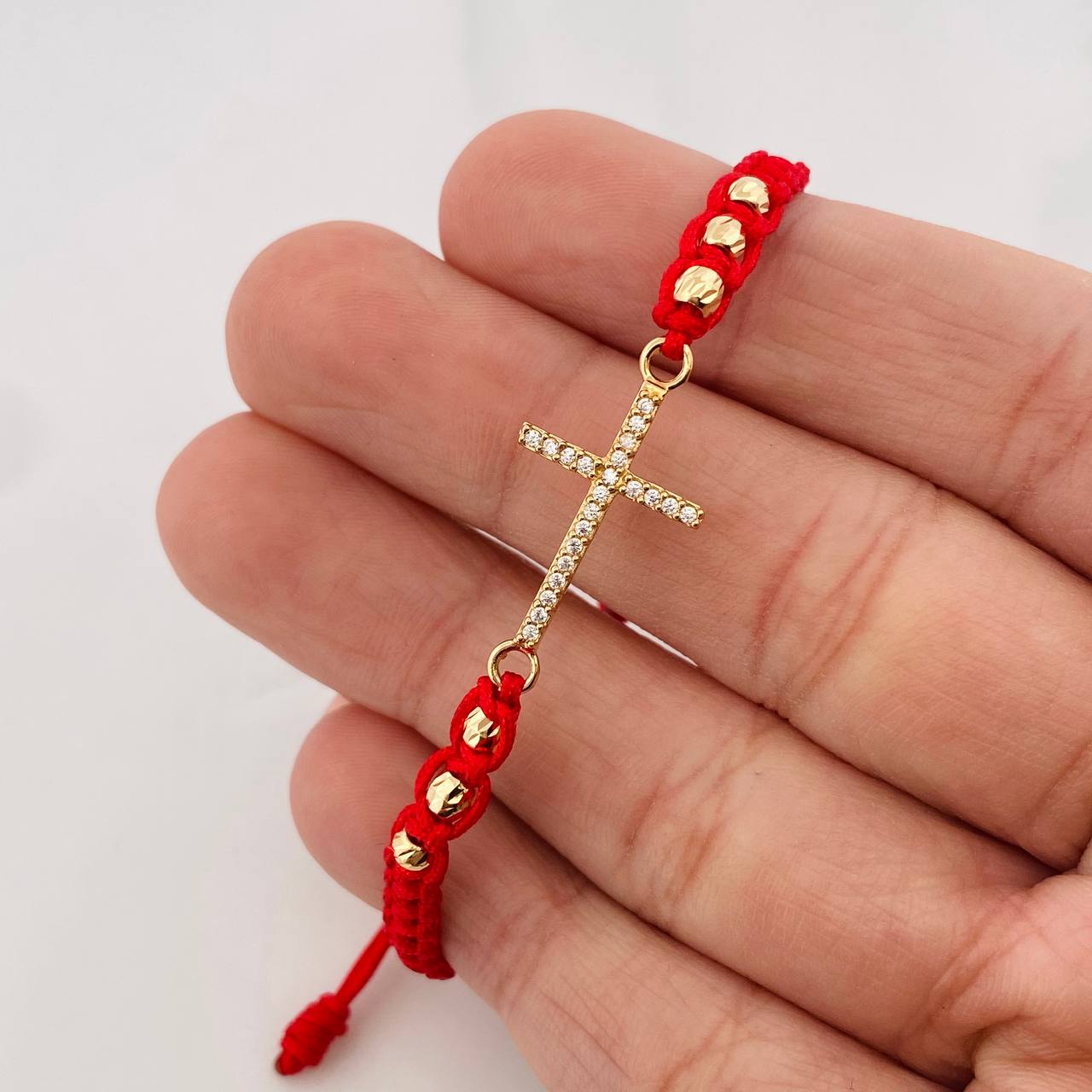 Red Woven Bracelet Dense Cross Yellow Gold 18K