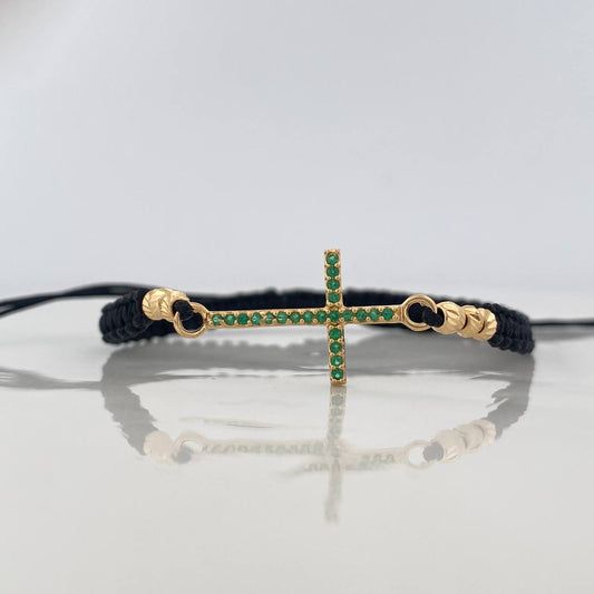 Pulsera Tejida Negra Cruz Tupida Oro Amarillo 18K