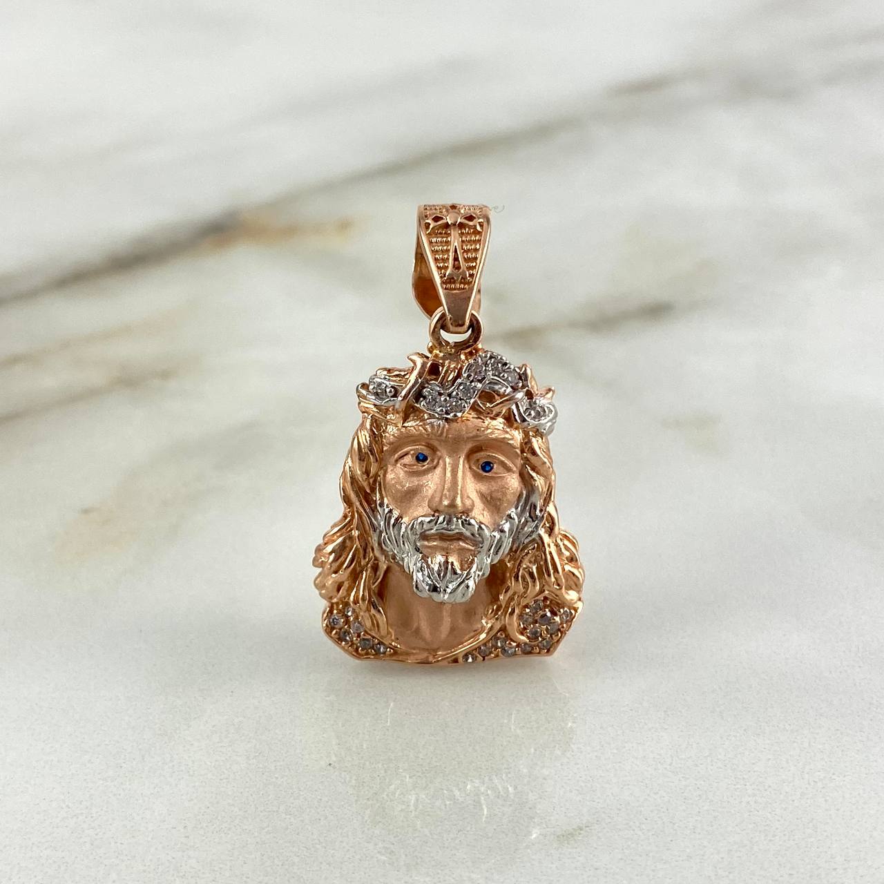 Pendant Face of Christ 10.4gr / 4cm / White Zircons Two-tone White and Rose Gold