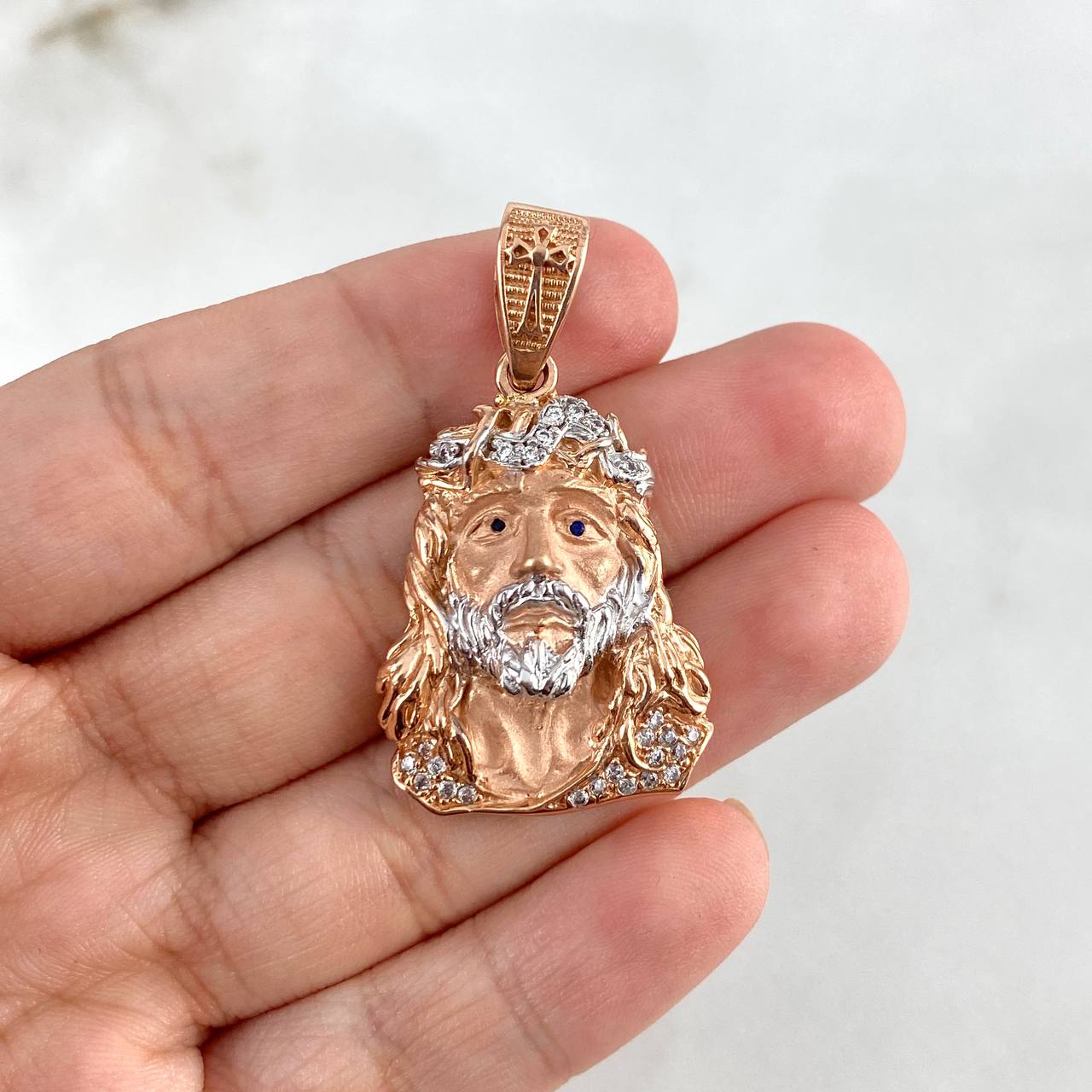 Pendant Face of Christ 10.4gr / 4cm / White Zircons Two-tone White and Rose Gold