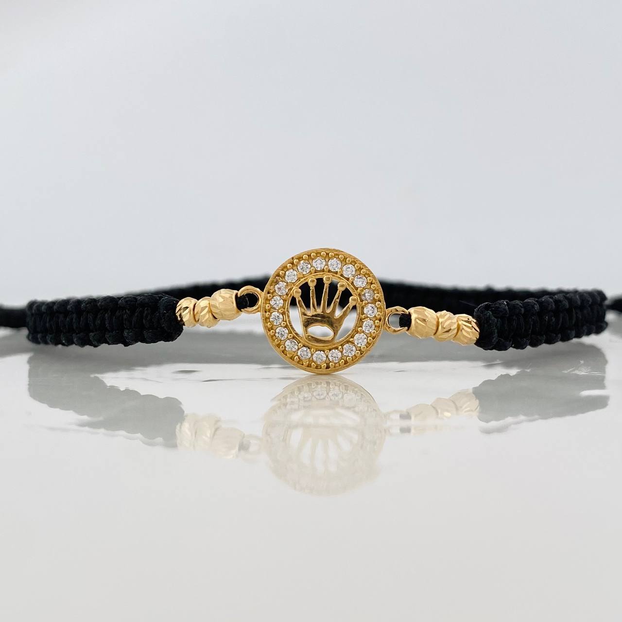 Pulsera Tejida Negra Corona Oro Amarillo 18K