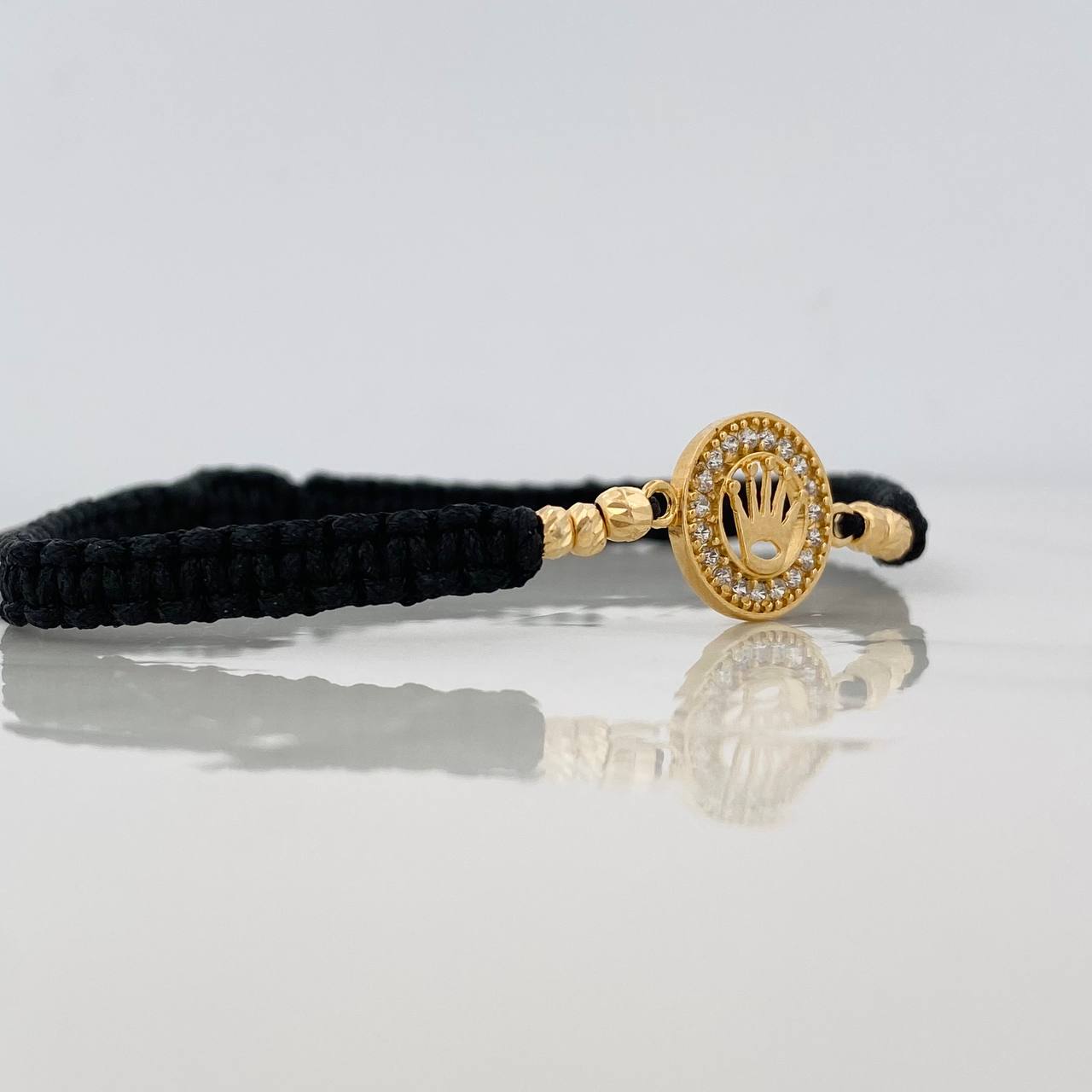 Pulsera Tejida Negra Corona Oro Amarillo 18K
