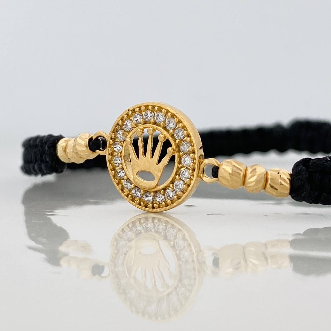 Pulsera Tejida Negra Corona Oro Amarillo 18K