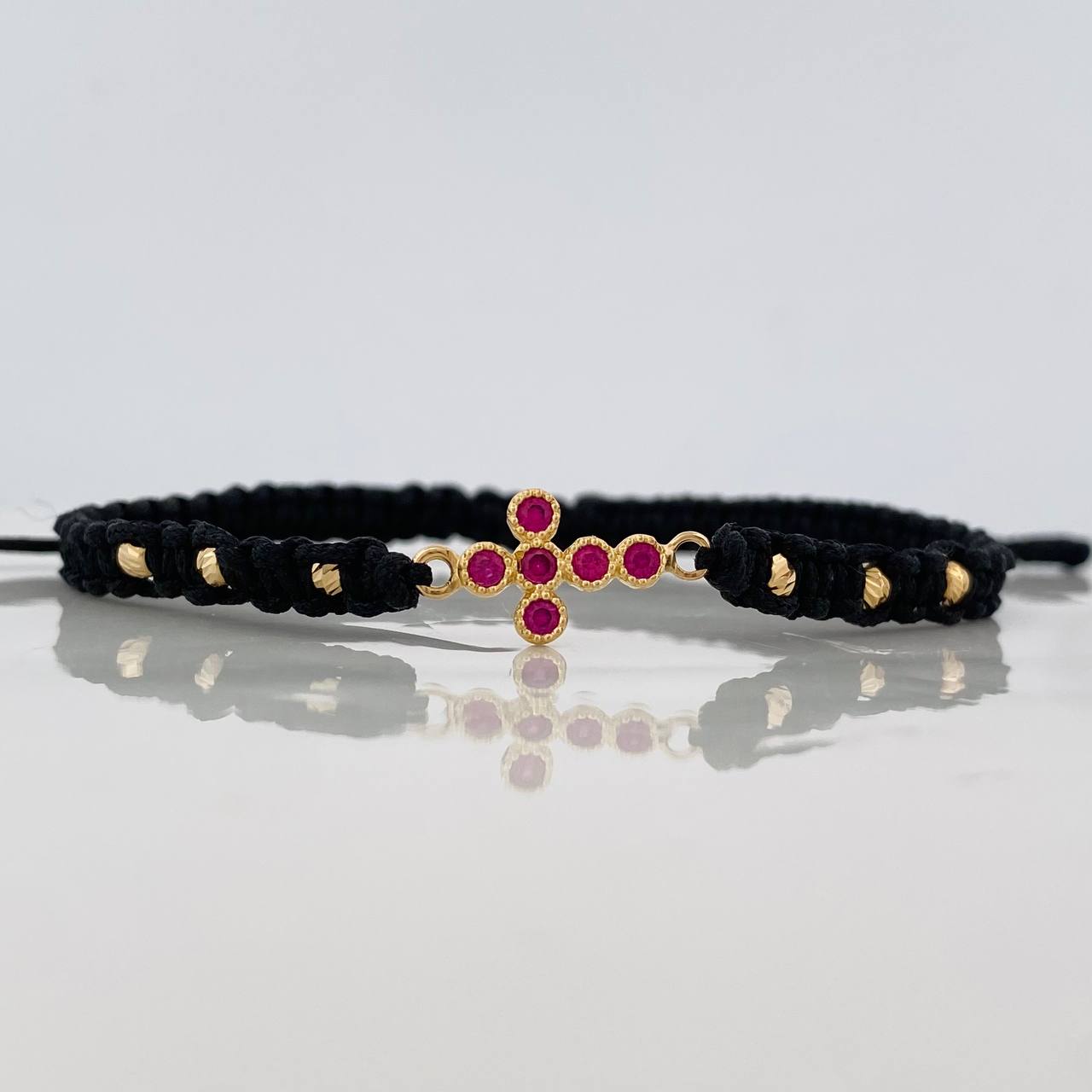 Pulsera Tejida Negra Cruz Tupida Oro Amarillo 18K
