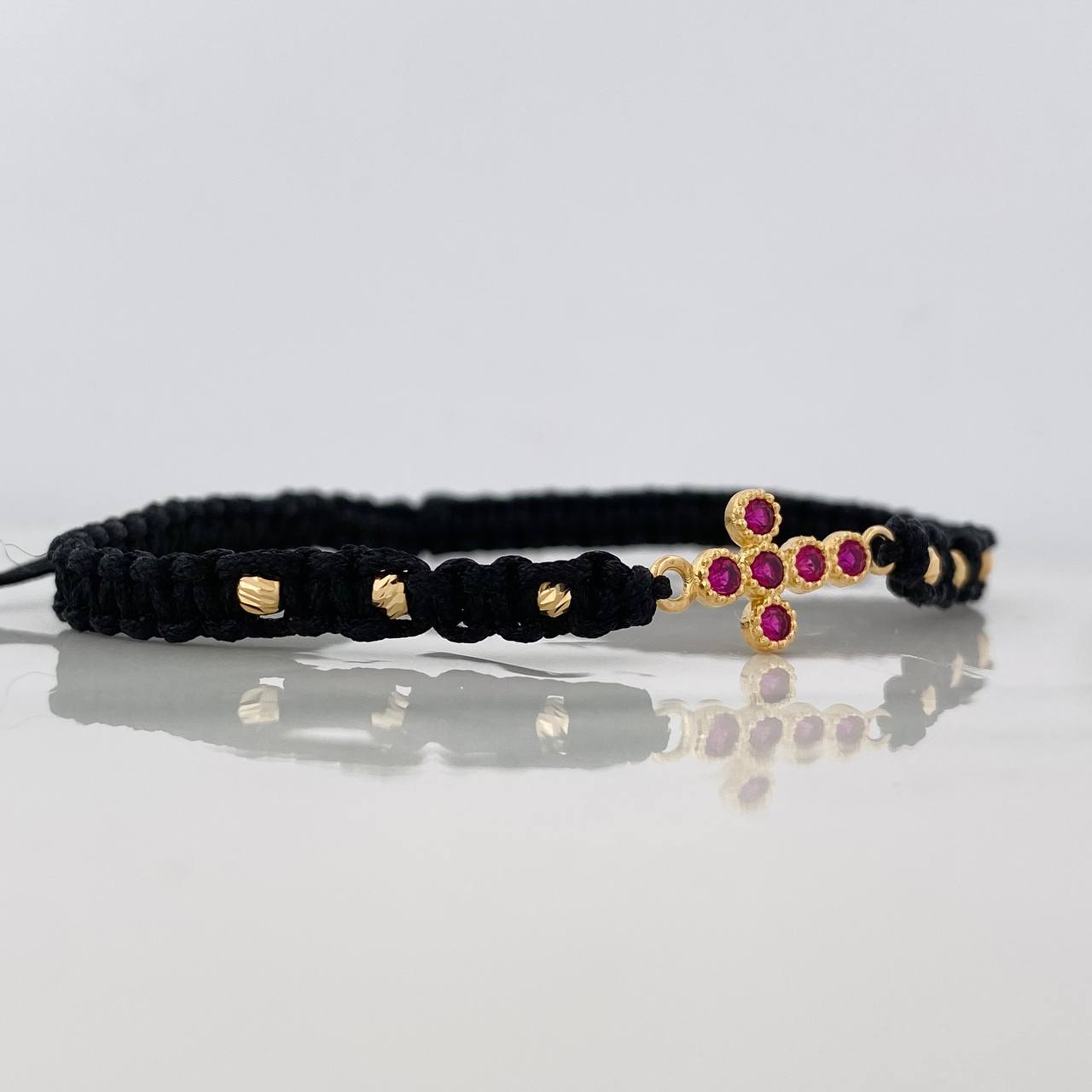 Pulsera Tejida Negra Cruz Tupida Oro Amarillo 18K