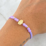 Pulsera Lila Herraje Virgen Guadalupe 0.45gr / 3mm Bolas Diamantadas 2 Und Oro Amarillo 18K *