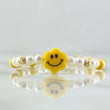Pulsera Blanca Flor Carita Feliz 4mm Bolas Diamantadas 2 Und Oro Amarillo 18K (A.C)