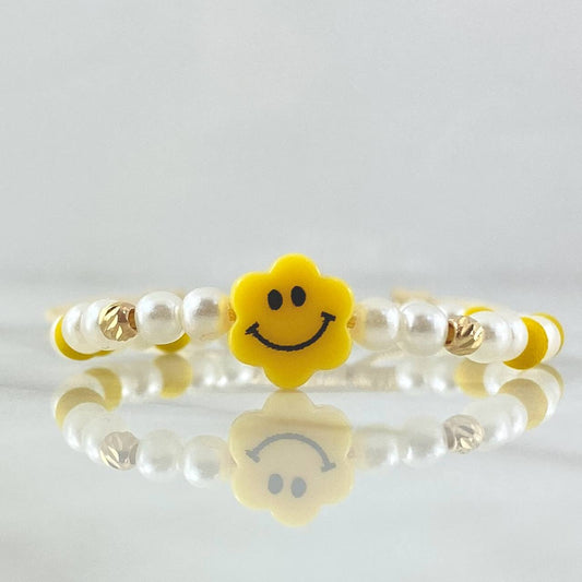 Pulsera Blanca Flor Carita Feliz 4mm Bolas Diamantadas 2 Und Oro Amarillo 18K (A.C)