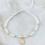Pulsera Blanca Dije Virgen Guadalupe 0.85gr / 3mm Bolas Diamantadas 6 Und Oro Amarillo 18K *