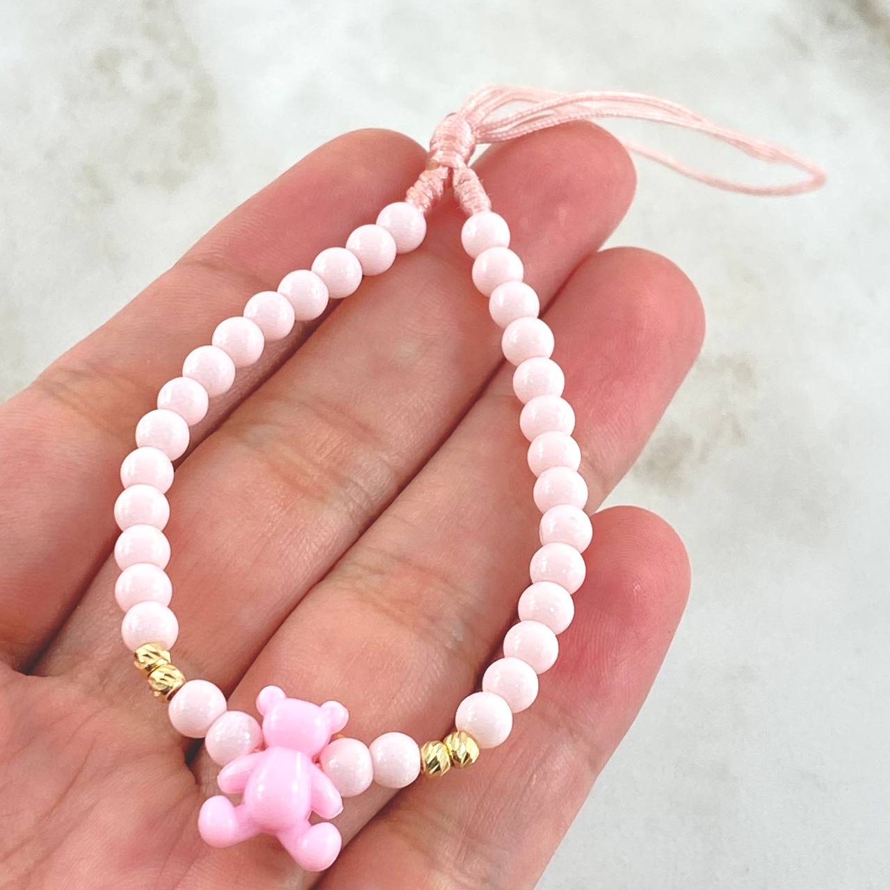 Llavero Rosado Oso 0.35gr / 3mm Bolas Diamantadas 4 Und Oro Amarillo 18K (A.C)