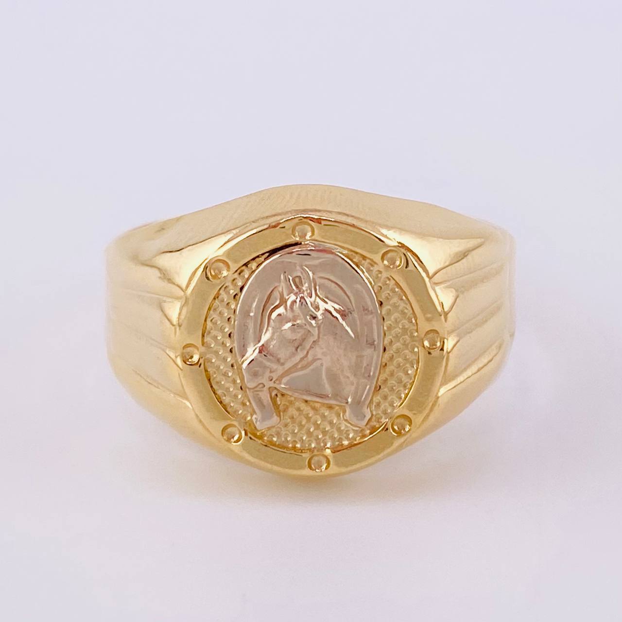 Anillo Sello Corona Caballo 3g / T9 1/4 Dos Oros Amarillo Blanco 18K