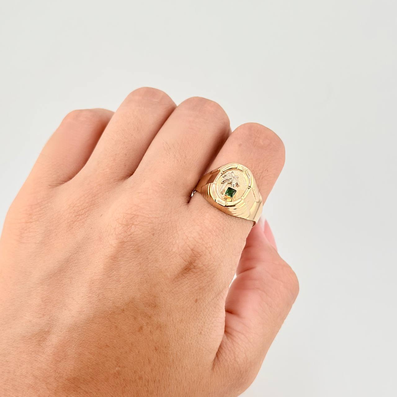 Palm Tree Signet Ring 3.6g / T10 1/4 Two-Tone Yellow White Gold 18K