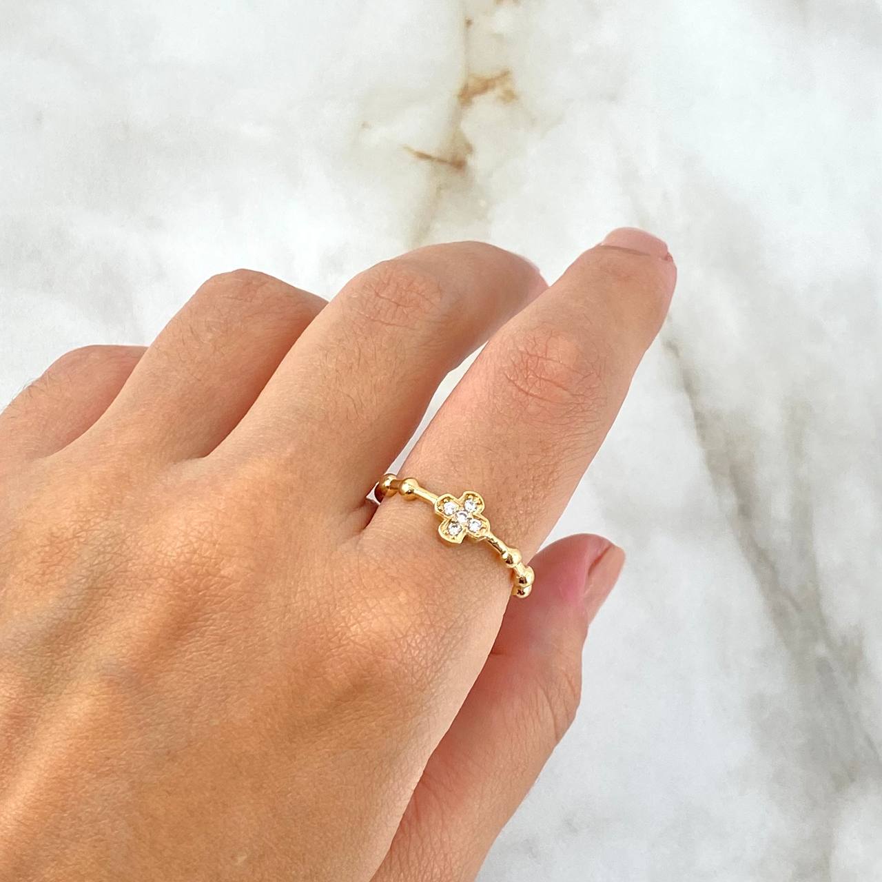 Cross Sphere Ring 2.45gr / Size 6 1/4 / White Zircons 18K Yellow Gold