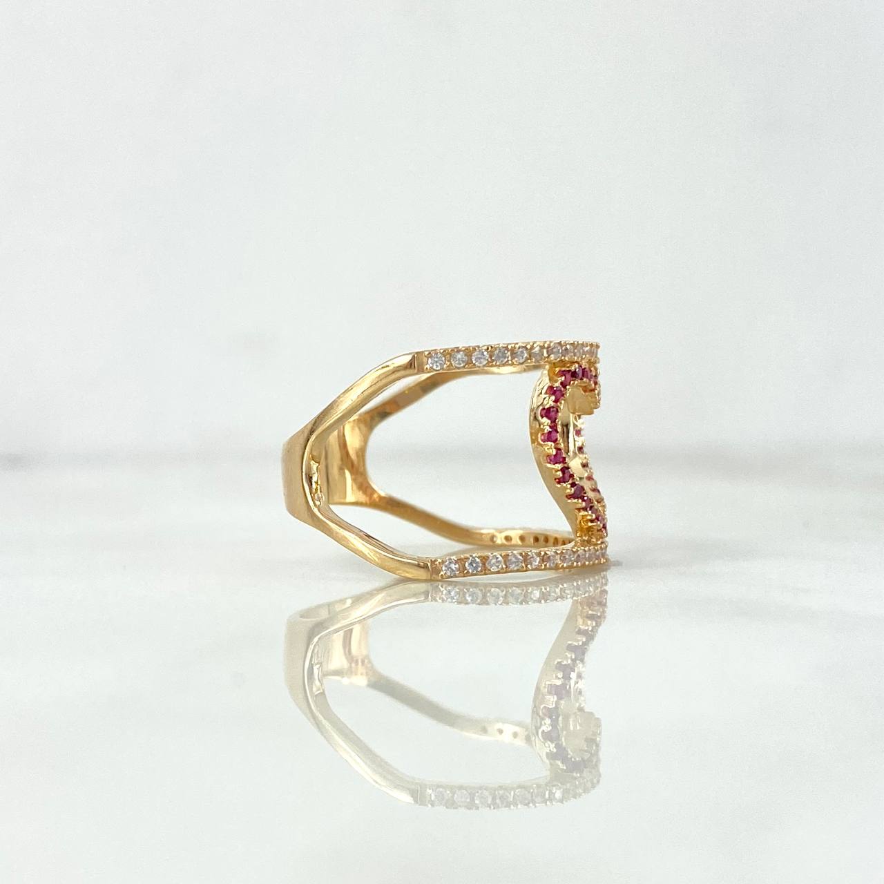 Heart Silhouette Ring 4.25gr / Size 6 3/4 / White-Fuchsia Zircons Yellow Gold ©