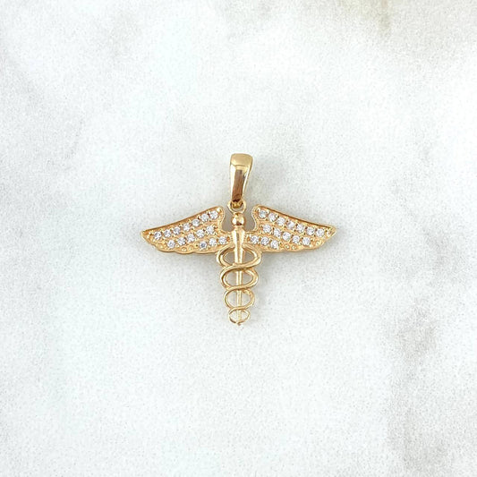 Pendant Caduceus of Snakes 1.6gr / 2cm / White Zircons Yellow Gold