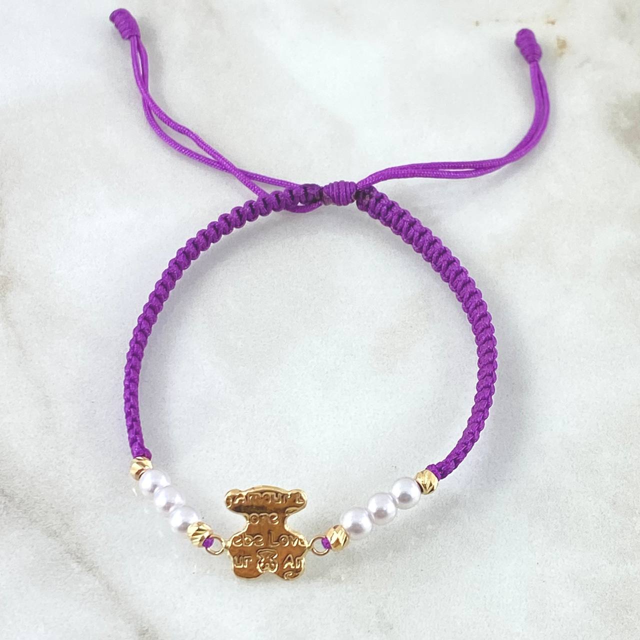 Purple Bracelet Charm Bear TS 1.05gr / 3mm Beads Diamond Cut 4 Units 18K Yellow Gold *
