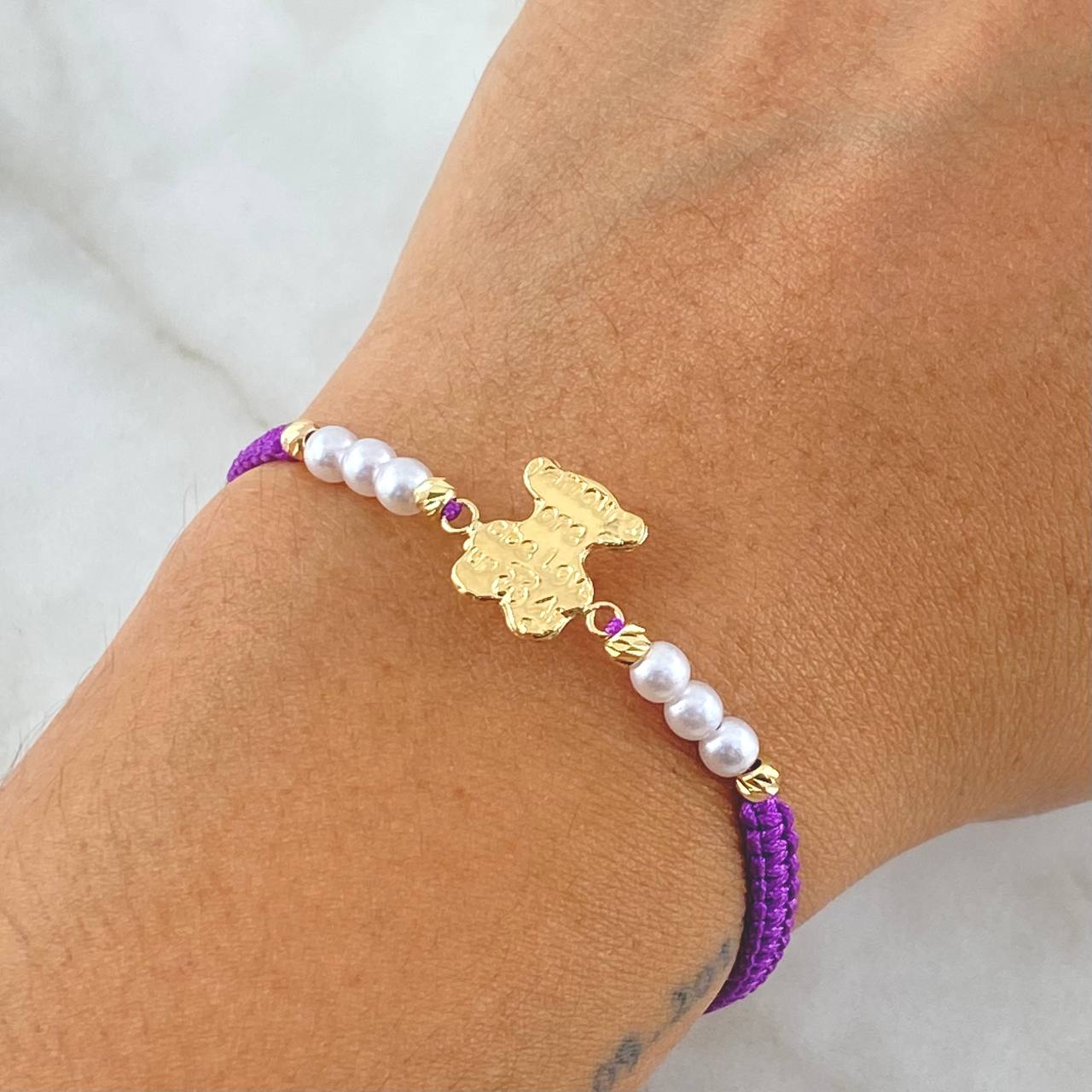 Purple Bracelet Charm Bear TS 1.05gr / 3mm Beads Diamond Cut 4 Units 18K Yellow Gold *