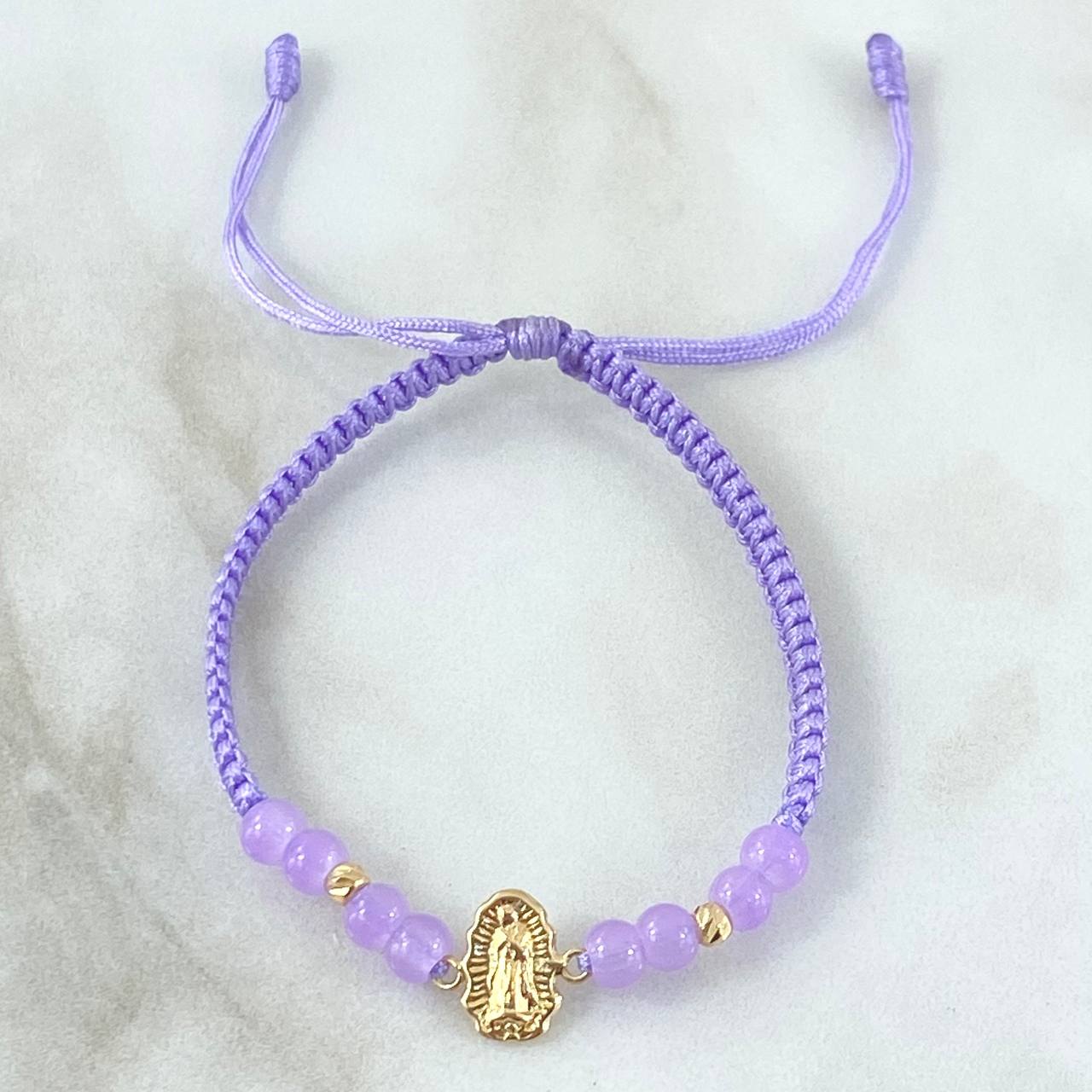 Pulsera Lila Herraje Virgen Guadalupe 0.45gr / 3mm Bolas Diamantadas 2 Und Oro Amarillo 18K *