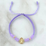 Pulsera Lila Herraje Virgen Guadalupe 0.45gr / 3mm Bolas Diamantadas 2 Und Oro Amarillo 18K *