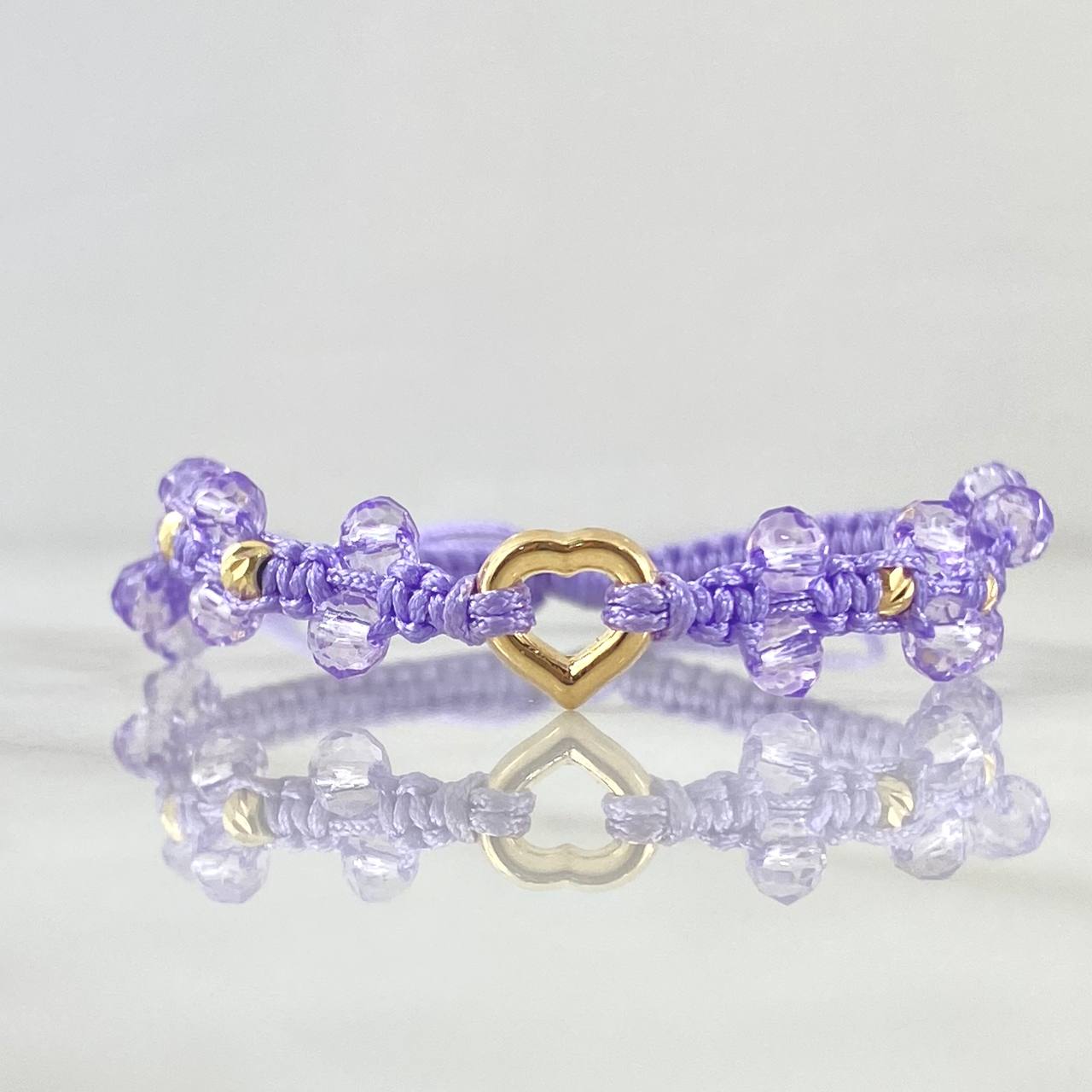 Pulsera Lila Herraje Corazón Silueta 0.65gr / 3mm Bolas Diamantadas 4 Und Oro Amarillo 18K *