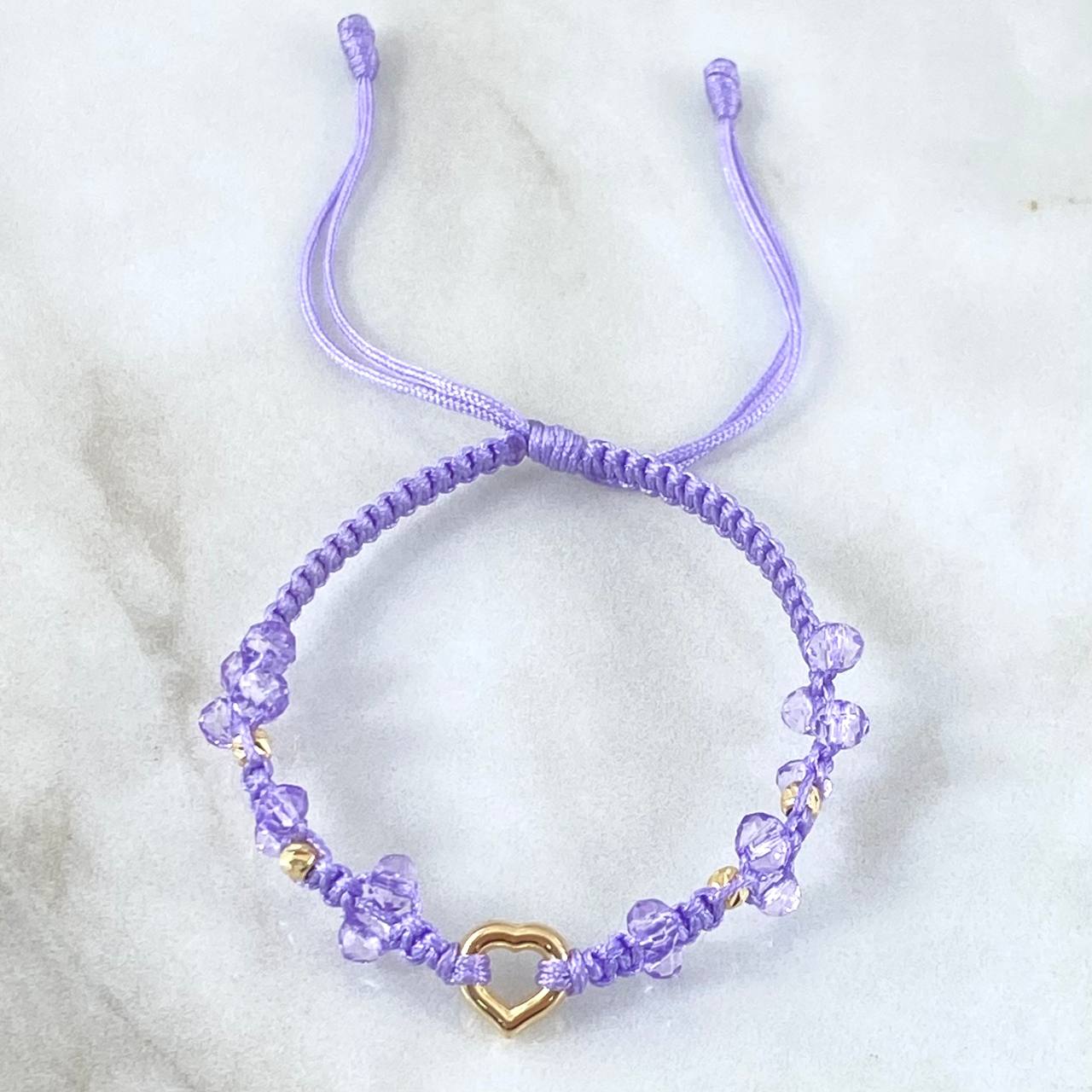 Pulsera Lila Herraje Corazón Silueta 0.65gr / 3mm Bolas Diamantadas 4 Und Oro Amarillo 18K *