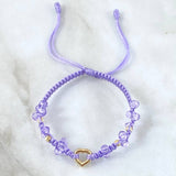 Pulsera Lila Herraje Corazón Silueta 0.65gr / 3mm Bolas Diamantadas 4 Und Oro Amarillo 18K *