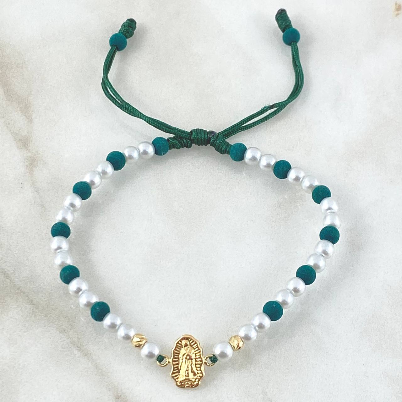 Green Bracelet Charm Virgin Guadalupe 0.45gr / 3mm Beads Diamond Cut 2 Units 18K Yellow Gold *