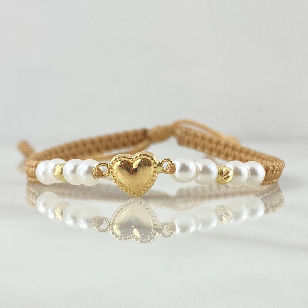 Pulsera Beige Herraje Corazón Punteado 0.55gr / 3mm Bolas Diamantadas 2 Und Oro Amarillo 18K *