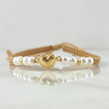 Pulsera Beige Herraje Corazón Punteado 0.55gr / 3mm Bolas Diamantadas 2 Und Oro Amarillo 18K *