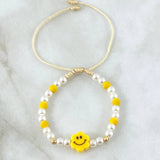 Pulsera Blanca Flor Carita Feliz 4mm Bolas Diamantadas 2 Und Oro Amarillo 18K (A.C)