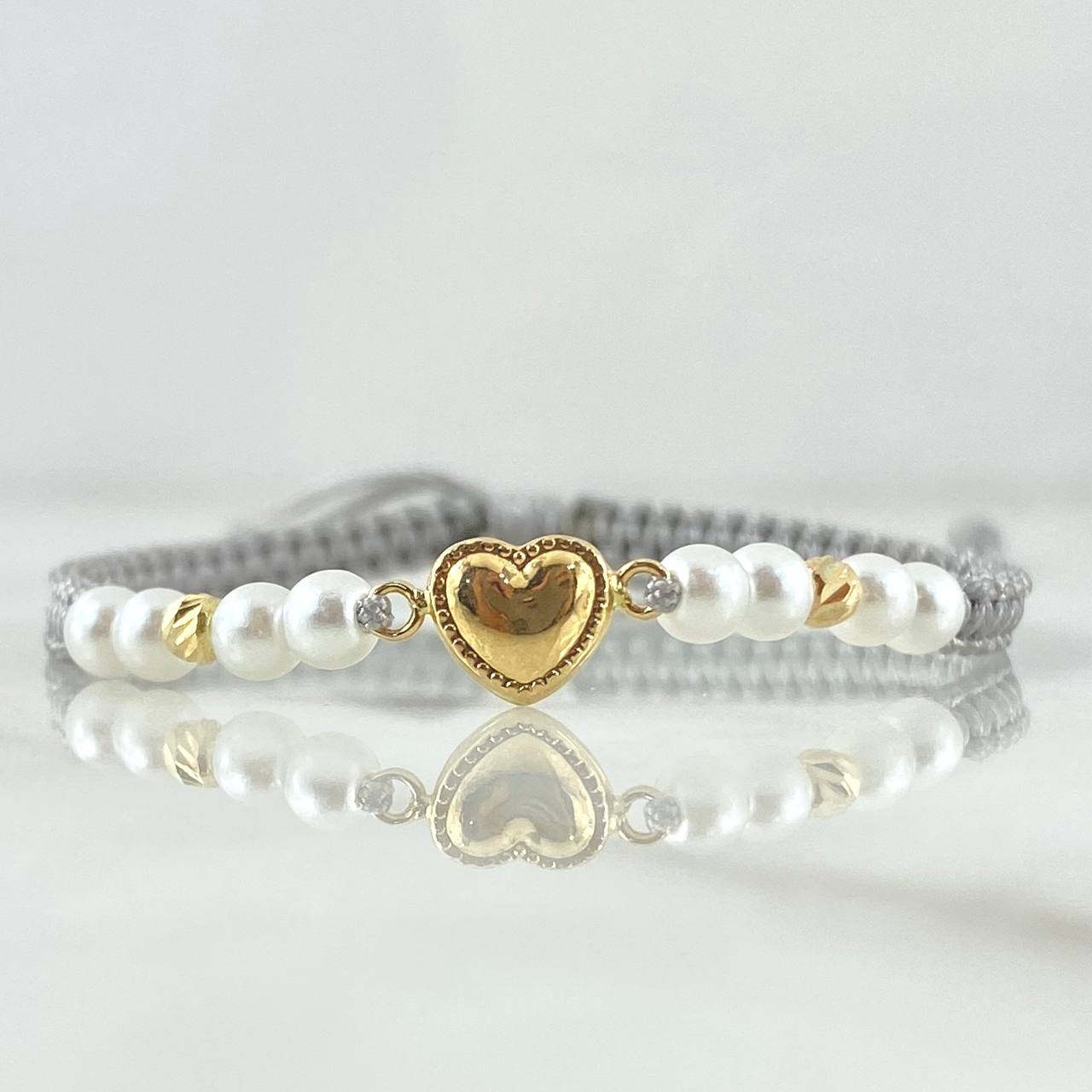 Pulsera Gris Herraje Corazón Punteado 0.55gr / 3mm Bolas Diamantadas 2 Und Oro Amarillo 18K *