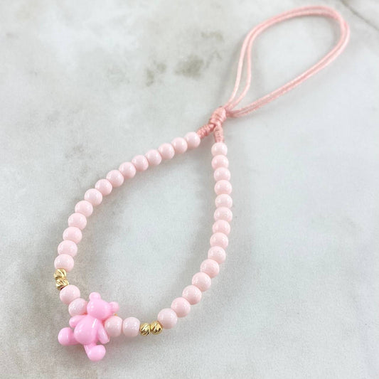 Llavero Rosado Oso 0.35gr / 3mm Bolas Diamantadas 4 Und Oro Amarillo 18K (A.C)