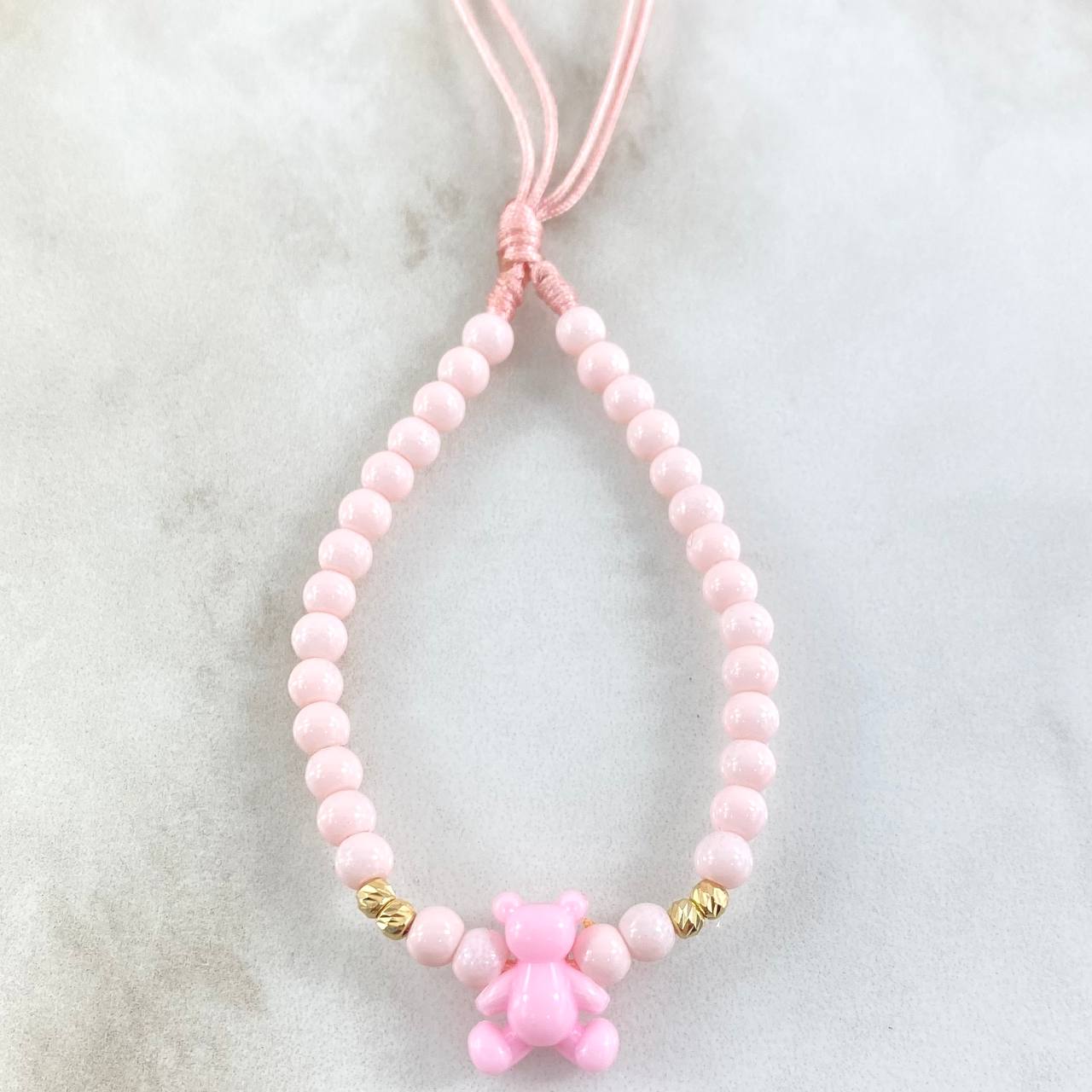 Llavero Rosado Oso 0.35gr / 3mm Bolas Diamantadas 4 Und Oro Amarillo 18K (A.C)