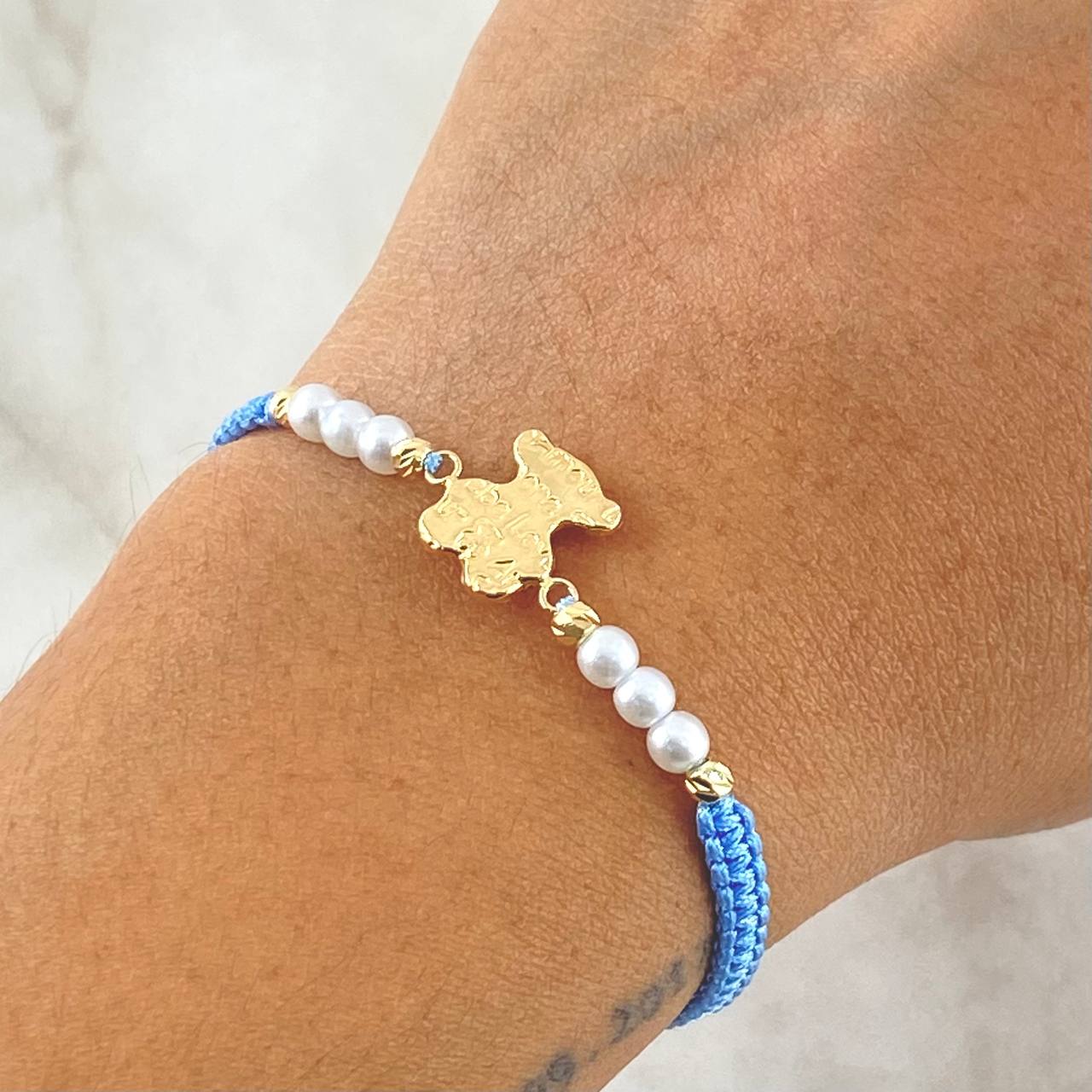 Pulsera Azul Herraje Oso TS 1.05gr / 3mm Bolas Diamantadas 4 Und Oro Amarillo 18K *