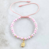 Pulsera Rosada Dije Virgen Guadalupe 0.55gr / 3mm Bolas Diamantadas 2 Und Oro Amarillo 18K *