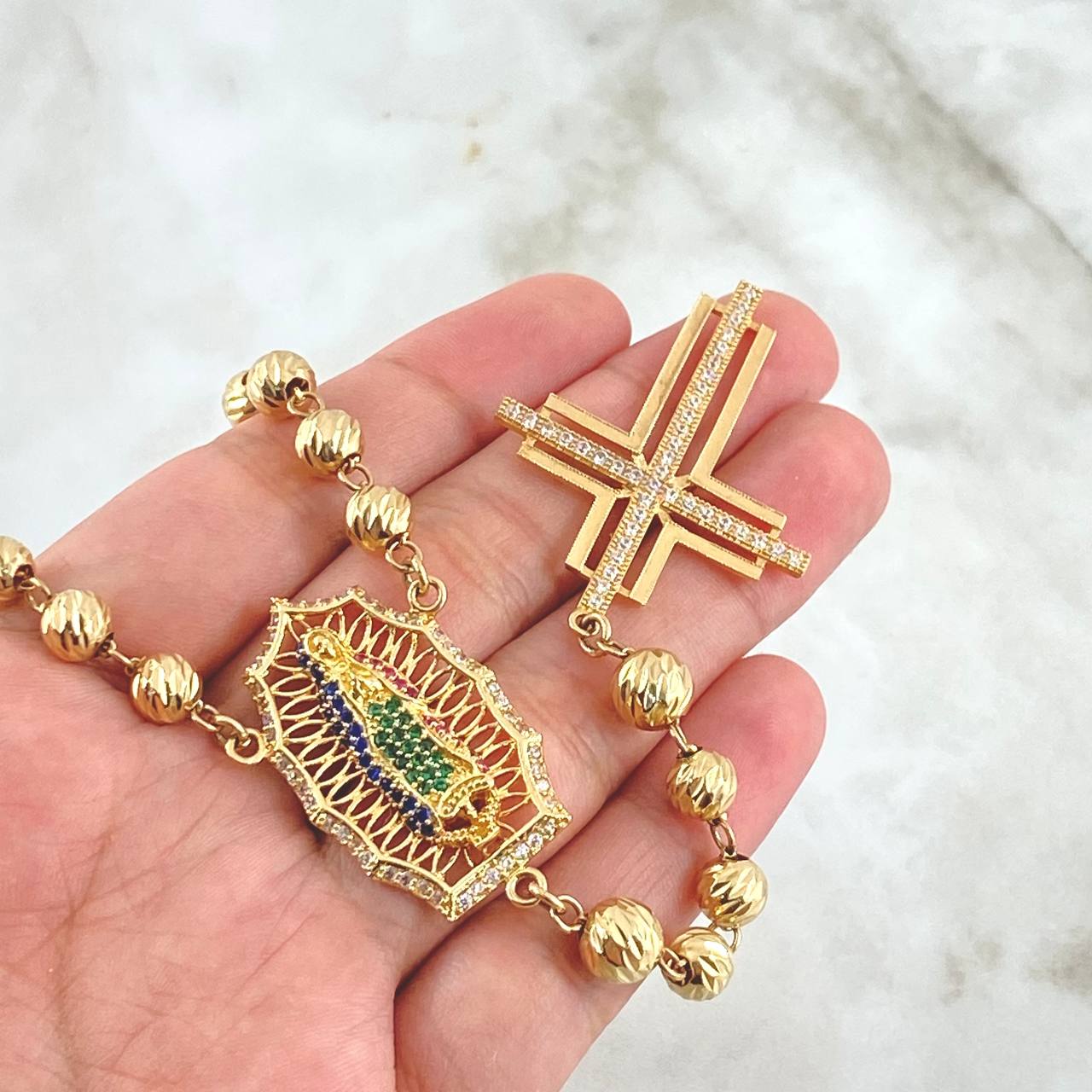 Rosario Virgen Guadalupe 35.5gr / 60cm / 6mm-7mm  Bolas Diamantadas Circones Blancos Verde Fucsia Azules Oro Amarillo 18K