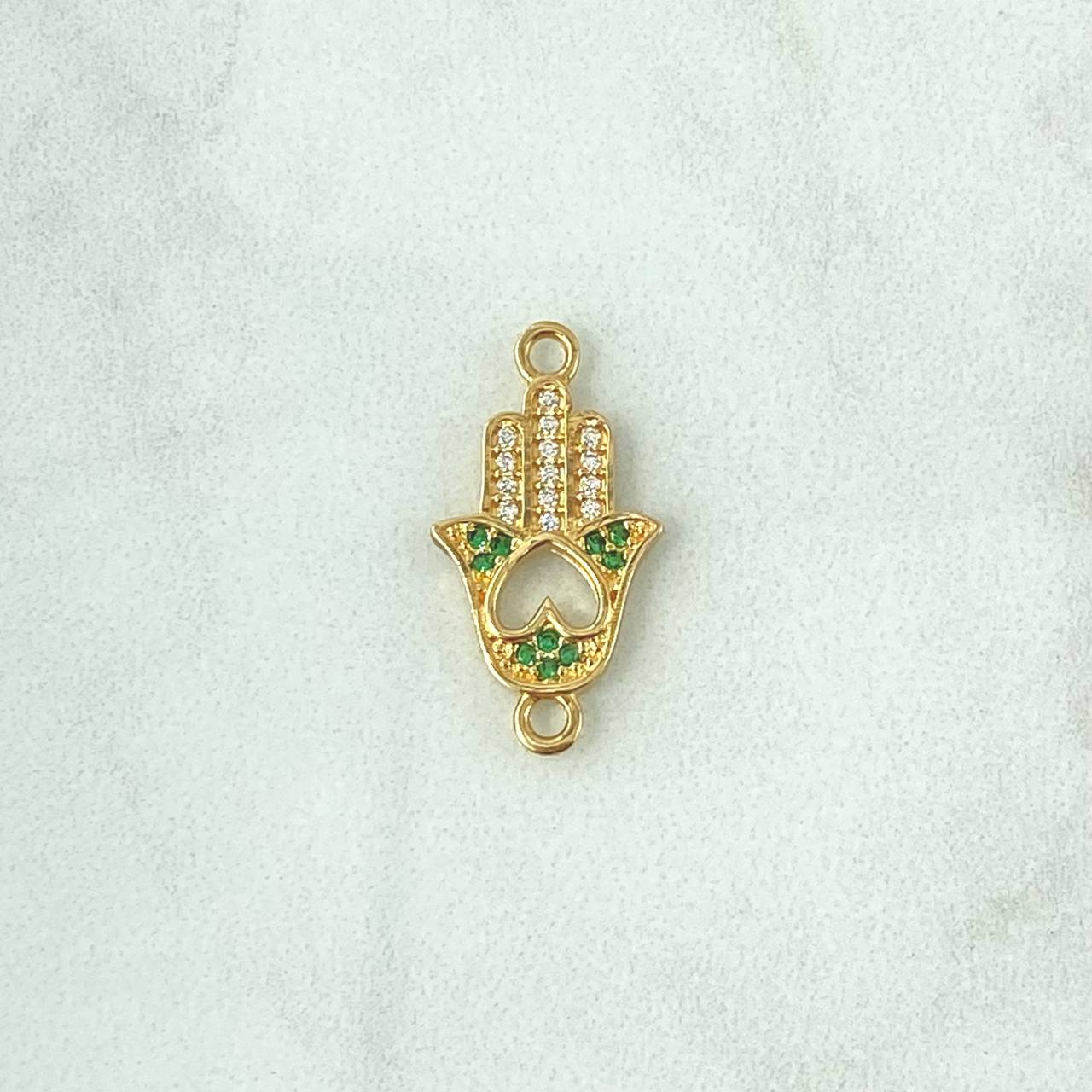 Charm Hamsa Hand 1.3gr / 2cm / Inverted Heart - White and Green Zircons 18K Yellow Gold *