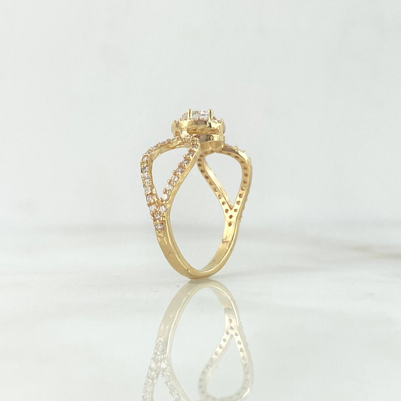 Ring Solitaire Halo Crossed Waves 2.6gr / Size 6 1/2 / White Zircons Yellow Gold